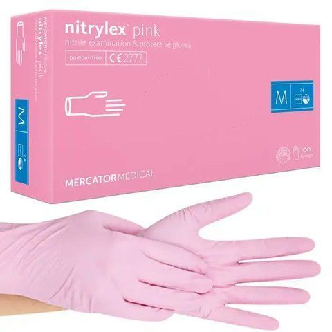 Рукавички нітрилові MERCATOR Nitrylex Pink неопудренні М (100шт/пач) рожеві